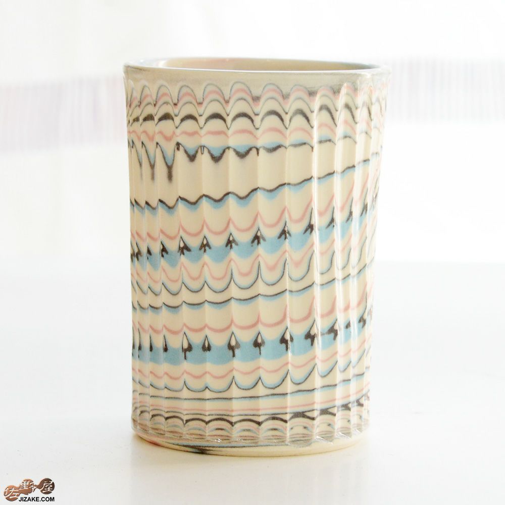 【箱入】練り込み　ぐい呑み縦長　サンシャワー　清水焼　加藤孝誠作