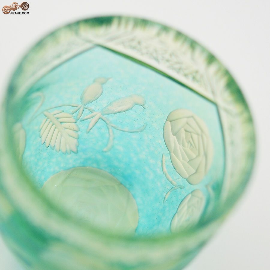 【箱入り】塩原清夏　切子ぐいのみ　小鳥とバラ